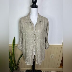 Fresh Laundry Los Angeles Linen Button-Up Shirt L USA Embroidered Beige Boho